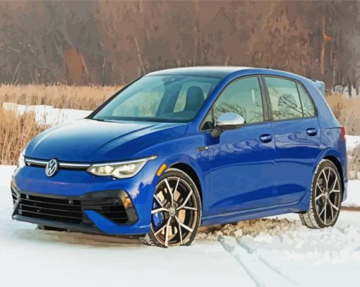 Blue Vw Golf R In Snow Diamond Painting