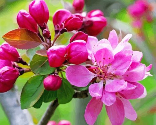 Bright Pink Flowers Blooming On Tree Branch Diamond Painting