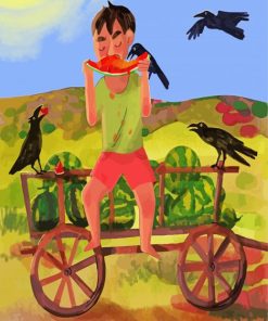 Child And Crows With Watermelon Diamond Painting