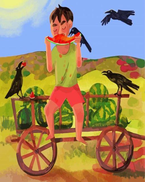 Child And Crows With Watermelon Diamond Painting