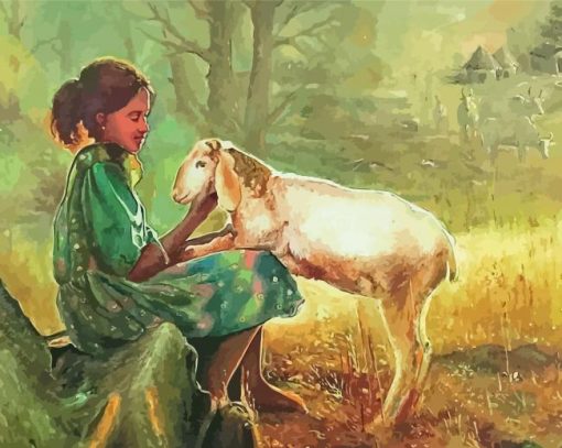 Cute Girl With Sheep Diamond Painting