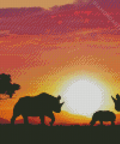 Family Rhino Sunset Diamond Painting