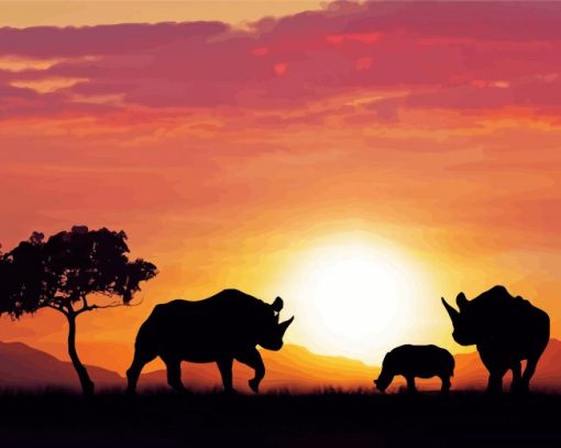 Family Rhino Sunset Diamond Painting