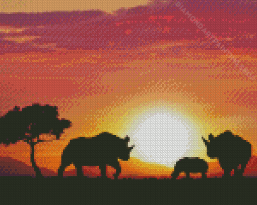 Family Rhino Sunset Diamond Painting