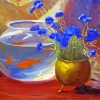 Goldfish Bowl And Blue Flowers Diamond Painting