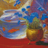 Goldfish Bowl And Blue Flowers Diamond Painting