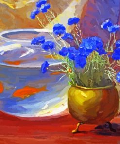 Goldfish Bowl And Blue Flowers Diamond Painting