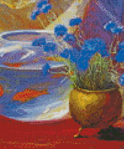 Goldfish Bowl And Blue Flowers Diamond Painting