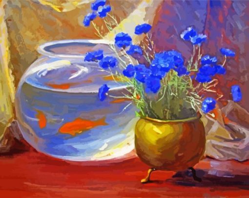 Goldfish Bowl And Blue Flowers Diamond Painting