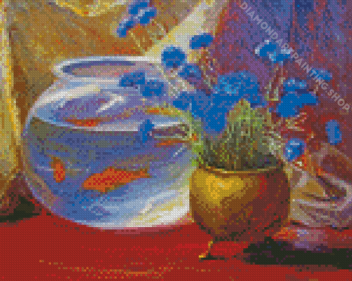 Goldfish Bowl And Blue Flowers Diamond Painting