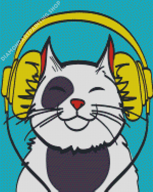 Happy Cat With Headphones Diamond Painting