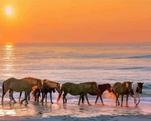 Assateague Island Horses At Sunset Diamond Painting