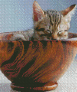 Cat In Wooden Tea Cup Diamond Painting