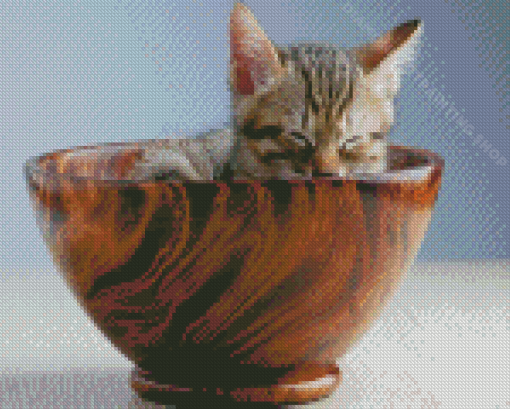 Cat In Wooden Tea Cup Diamond Painting