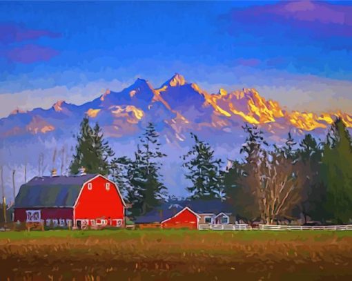 Farm With Twin Sisters Mountains View Diamond Paintign