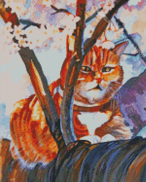 Ginger Cat In Cherry Tree Diamond Painting