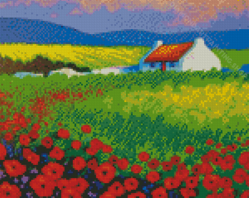 Irish Cottage In Poppy Field Diamond Painting