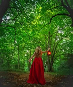 Woman With Red Dress In The Woods Diamond Painting