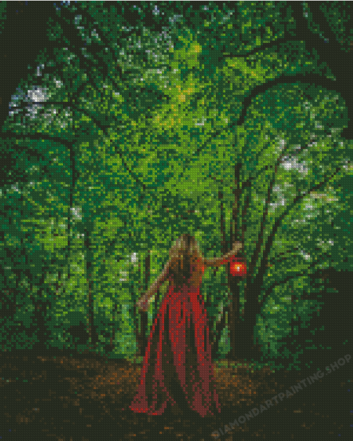 Woman With Red Dress In The Woods Diamond Painting