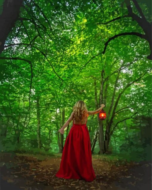 Woman With Red Dress In The Woods Diamond Painting