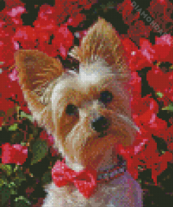 Yorkshire Terrier And Red Flowers Diamond Painting