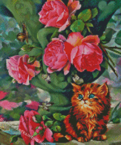 Aesthetic Cat And Flower Vase Diamond PAinitng