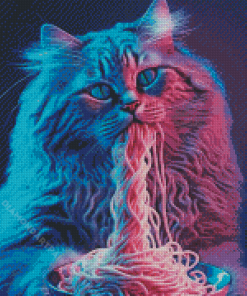 Neon Cat Eating Spaghetti Diamond Painting