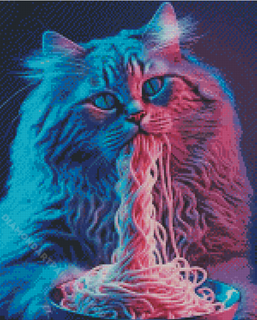 Neon Cat Eating Spaghetti Diamond Painting