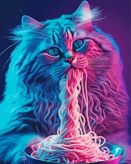 Neon Cat Eating Spaghetti Diamond Painting