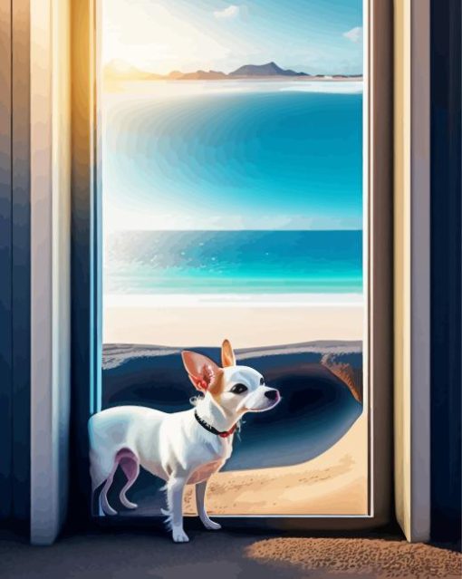 A White Chihuahua In A Door To The Beach Diamond Painting