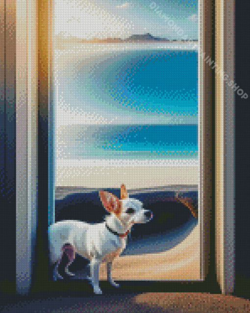 A White Chihuahua In A Door To The Beach Diamond Painting