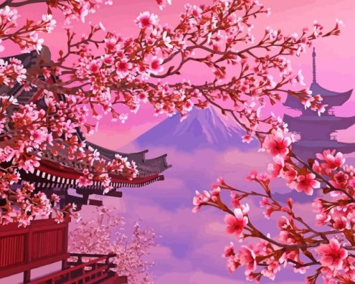 Anime Cherry Blossoms Mt Fuji Diamond Painting