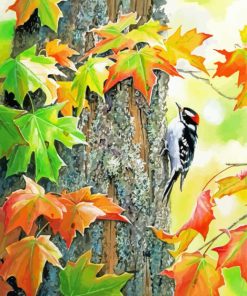 Downy Woodpecker Bird On Tree For Diamond Painting