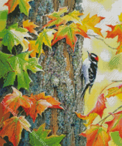 Downy Woodpecker Bird On Tree For Diamond Painting