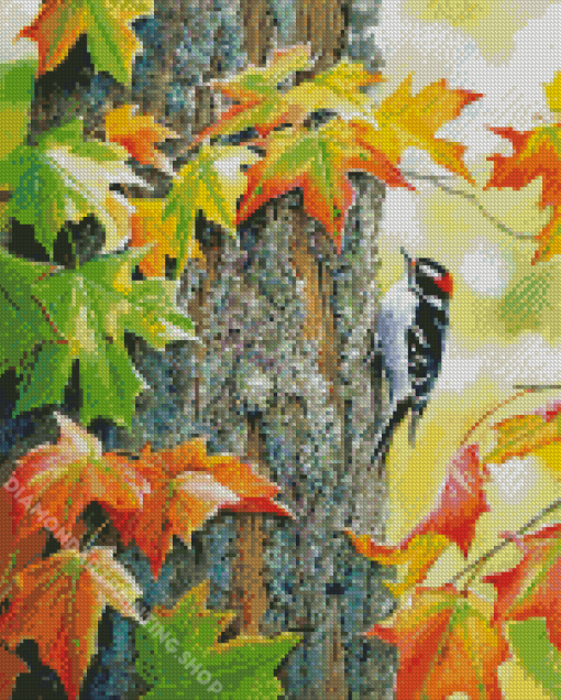 Downy Woodpecker Bird On Tree For Diamond Painting