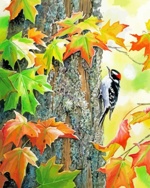 Downy Woodpecker Bird On Tree For Diamond Painting