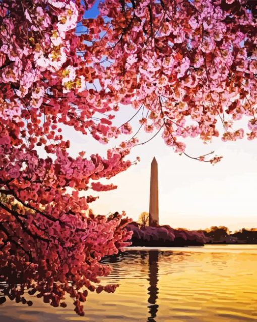 Cherry Blossom Washington Monument Diamond Painting