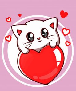 Cute Cat With Red Heart Diamond Painting