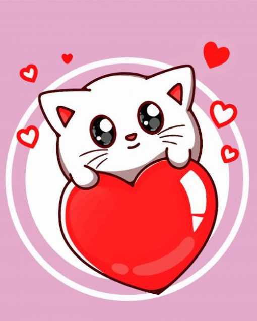 Cute Cat With Red Heart Diamond Painting