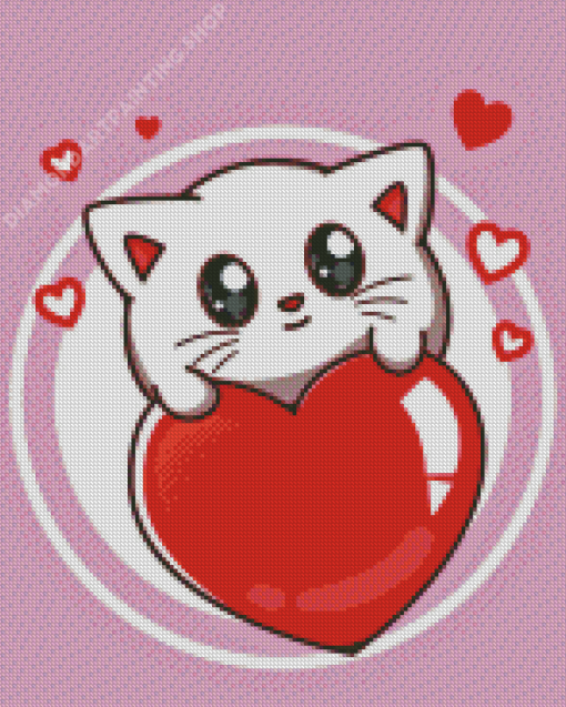 Cute Cat With Red Heart Diamond Painting