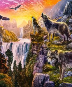 Eagles And Wolves By Waterfall Diamond Painting