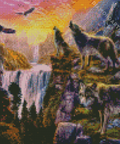 Eagles And Wolves By Waterfall Diamond Painting