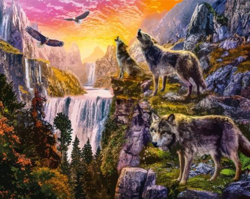 Eagles And Wolves By Waterfall Diamond Painting