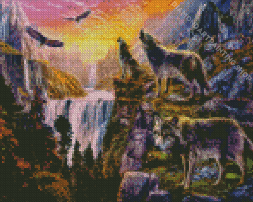 Eagles And Wolves By Waterfall Diamond Painting