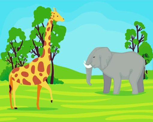 Elephant And Giraffe Animation Character Diamond Painting