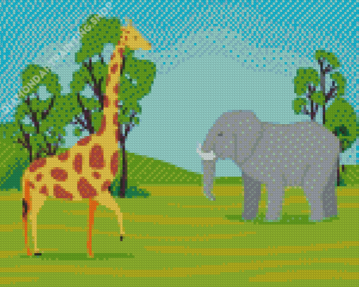 Elephant And Giraffe Animation Character Diamond Painting