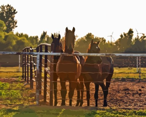 Horses By Fence Diamond Painting