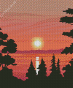 Sunset By The Lake Silhouette For Diamond Painting