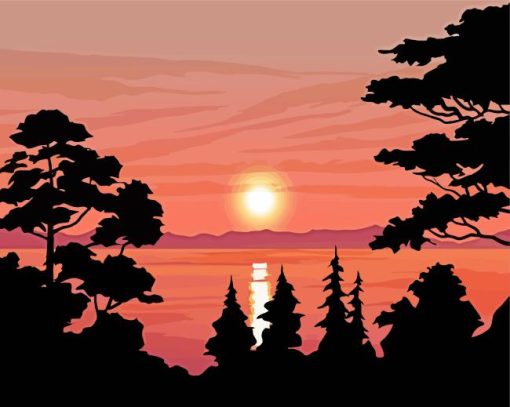 Sunset By The Lake Silhouette For Diamond Painting