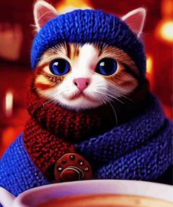 Winter Cat With Coffee Diamond Painting